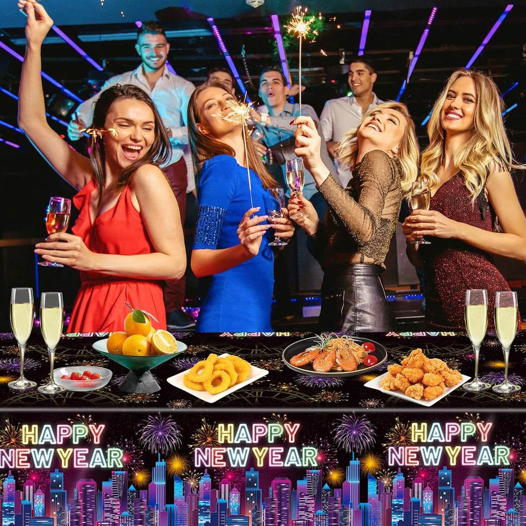 New Years Tablecloth Disposable Plastic Happy New Year Table Cover Colorful Fireworks Tablecloth for NYE Party Decor Favors Supplies 3Pcs 54" X 108"