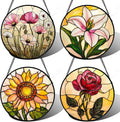 Stained Glass Window Hanging 4 Pcs Set Lily Rose Sunflower Poppy 7.8" - Flower Suncatcher Door Garden Sun Catcher Decor Birthday Mother's Day for Wife Woman Nana Girl