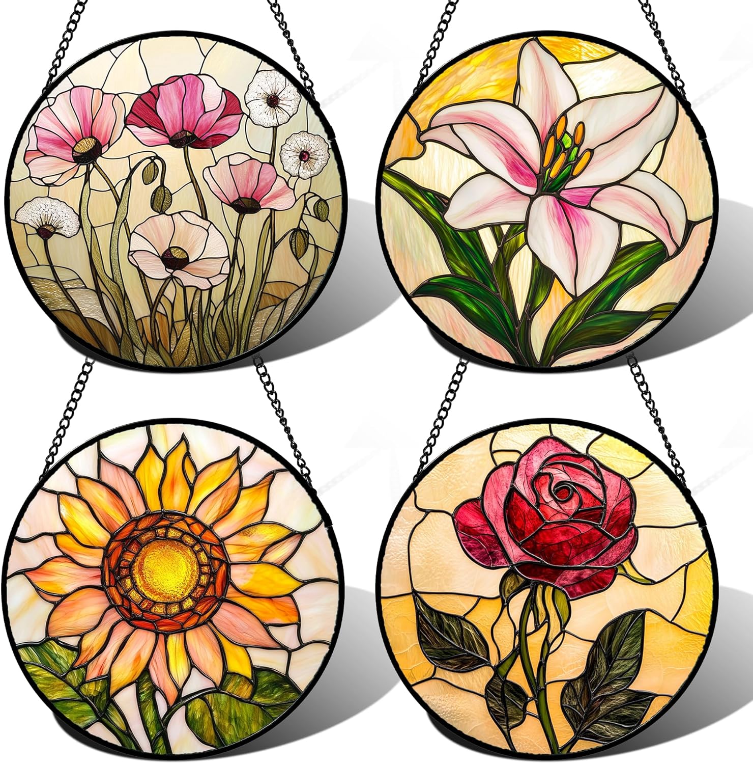 Stained Glass Window Hanging 4 Pcs Set Lily Rose Sunflower Poppy 6.3" - Flower Suncatcher Door Garden Sun Catcher Decor Birthday Mother's Day for Wife Woman Nana Girl