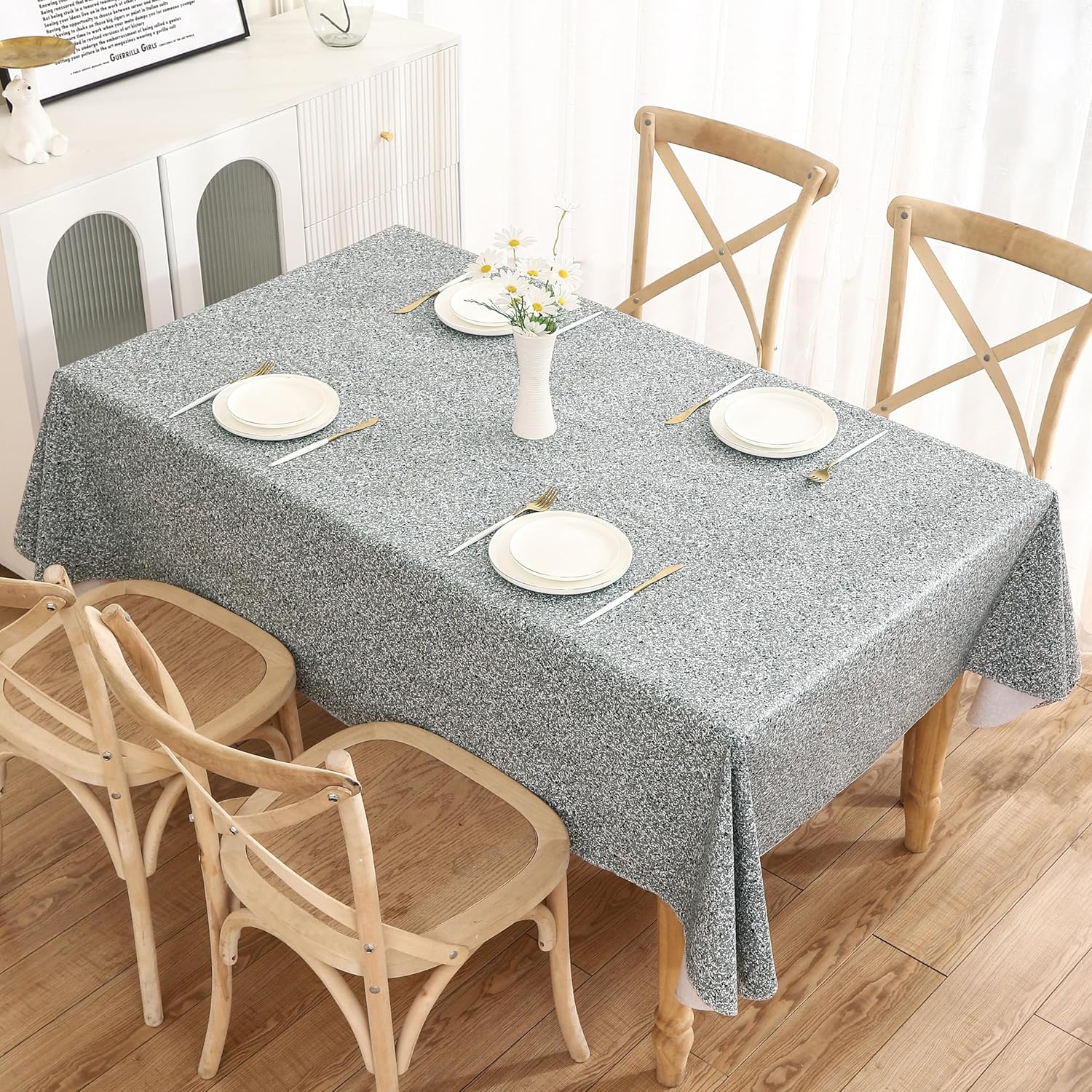 Walrus Heavy Duty Vinyl Tablecloth with Flannel Backing Waterproof Oil-Proof Plastic Table Cloth Stain-Resistant Wipeable Rectangle or Square Table Cover for Indoor and Outdoor (Grey, 52X70 Inch)