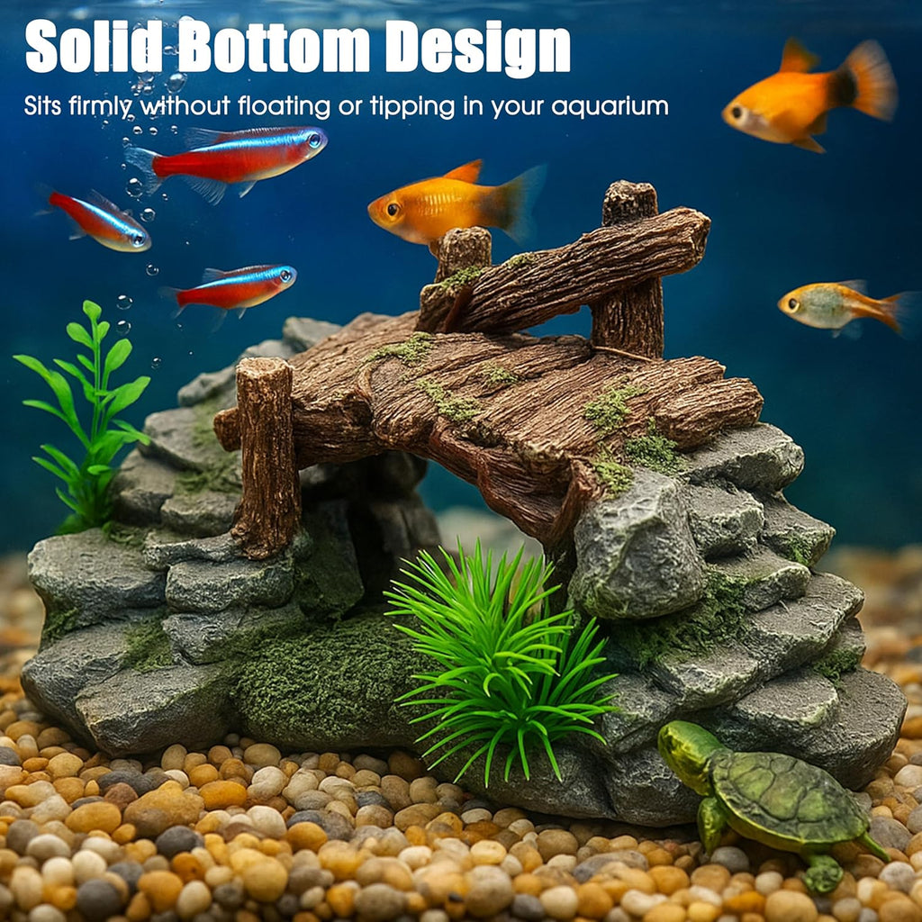 Aquarium Decor, Betta Fish Tank Accessories with Plants, Turtle Tank Decorations, Large Aquarium Ornaments, Fish Hideout, Decorative Accessories for Freshwater & Saltwater Tanks (Grass Bridge)