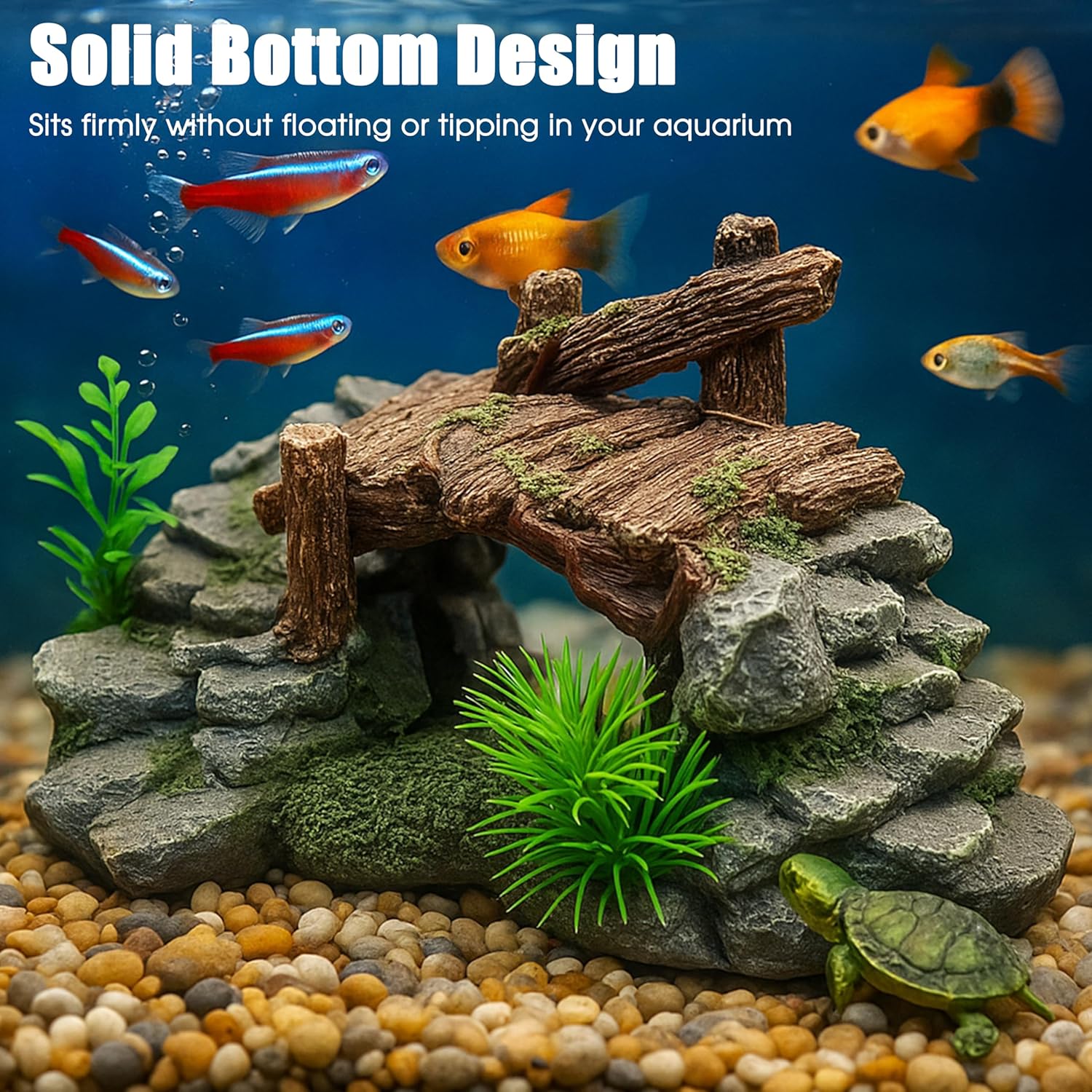 Aquarium Decor, Betta Fish Tank Accessories with Plants, Turtle Tank Decorations, Large Aquarium Ornaments, Fish Hideout, Decorative Accessories for Freshwater & Saltwater Tanks (Grass Bridge)