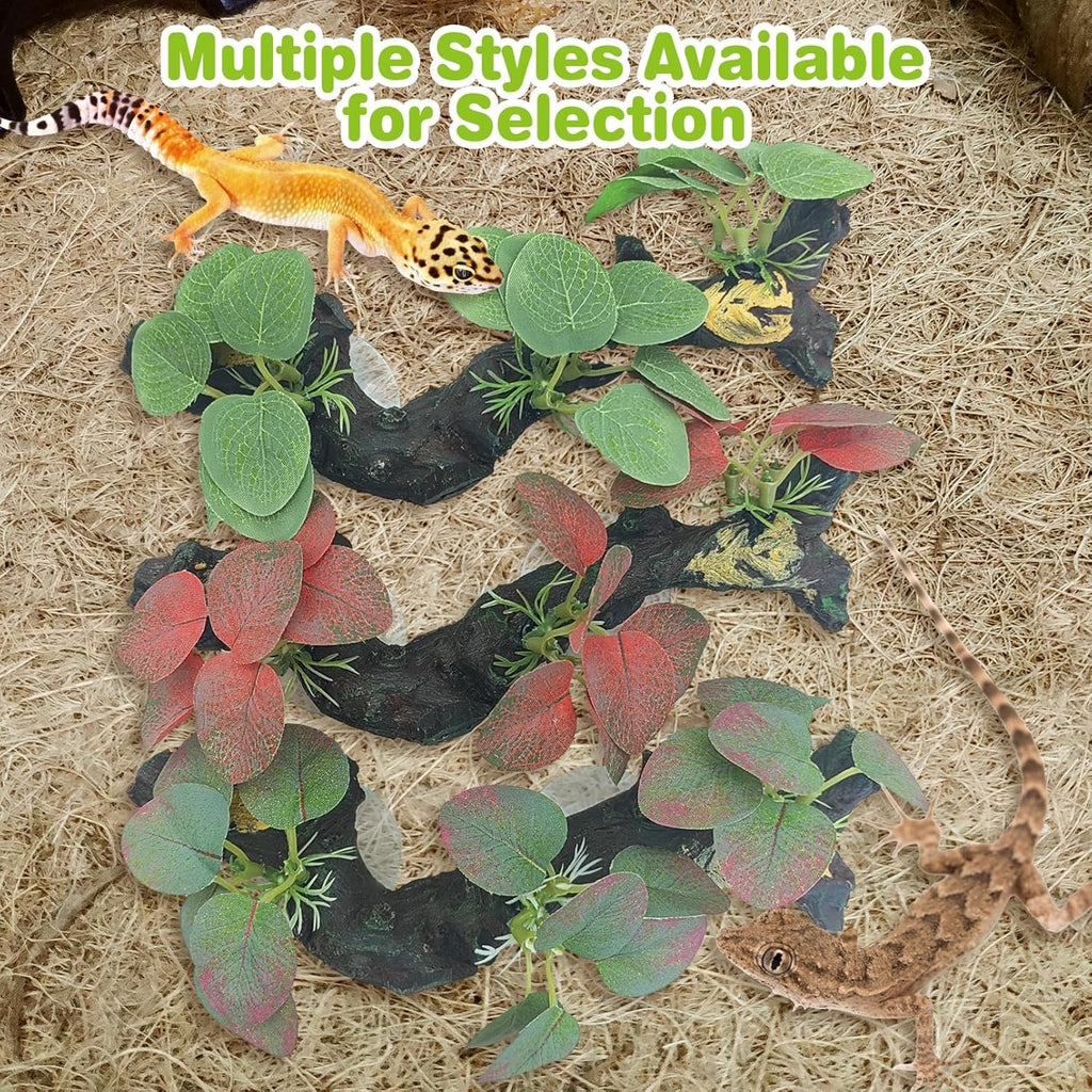 kathson 2 PCS Reptile Corner Branch Resin Snake Climbing Accessories with Leaves Terrarium Plant Decoration with Suction Cup for Bearded Dragon Lizard Frog Gecko Spider Climbing 7.8 x 3.1 x 1.4 inches