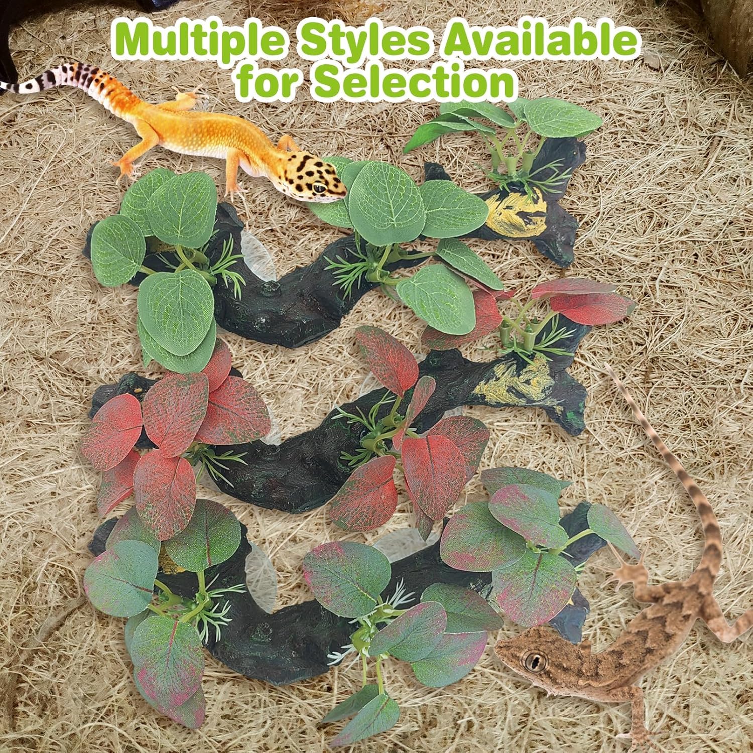 kathson 2 PCS Reptile Corner Branch Resin Snake Climbing Accessories with Leaves Terrarium Plant Decoration with Suction Cup for Bearded Dragon Lizard Frog Gecko Spider Climbing 7.8 x 3.1 x 1.4 inches