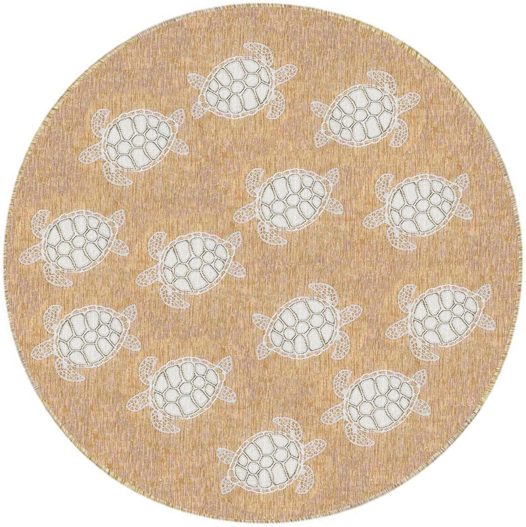 Liora Manne CARMEL Indoor/Outdoor Power Loomed Synthetic Blend Low Profile Area Rug - Transitional Coastal Turtle Decorative (Seaturtles Sand) (7'10" Round)