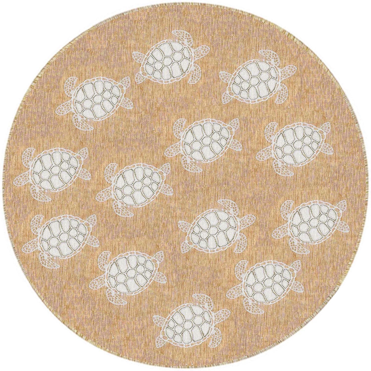 Liora Manne CARMEL Indoor/Outdoor Power Loomed Synthetic Blend Low Profile Area Rug - Transitional Coastal Turtle Decorative (Seaturtles Sand) (7'10" Round)