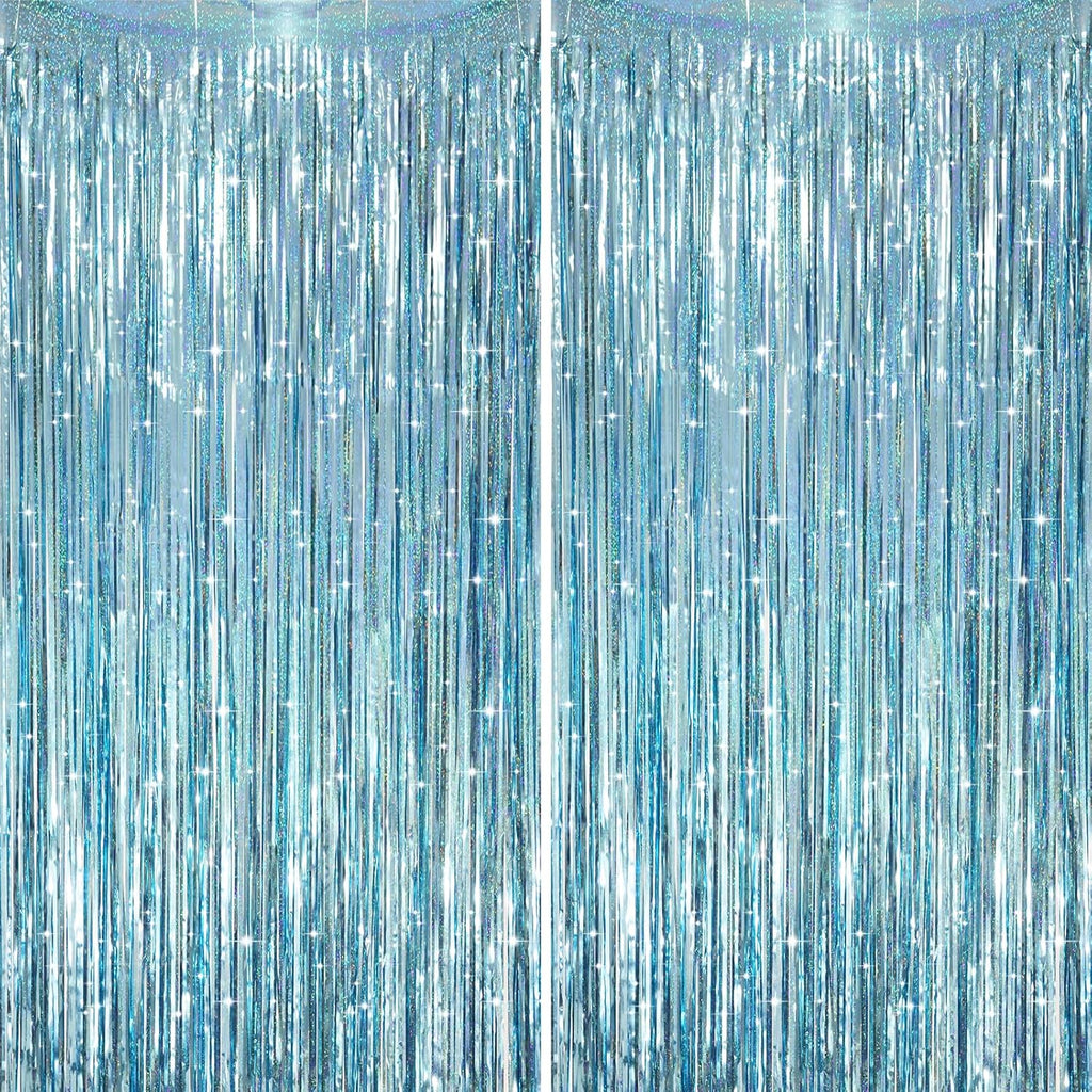 2 Pack Laser Light Blue Foil Fringe Curtains, Tinsel Streamers Birthday Party Decorations, Fringe Backdrop for Kids Birthday, Sea, Blue Theme Party