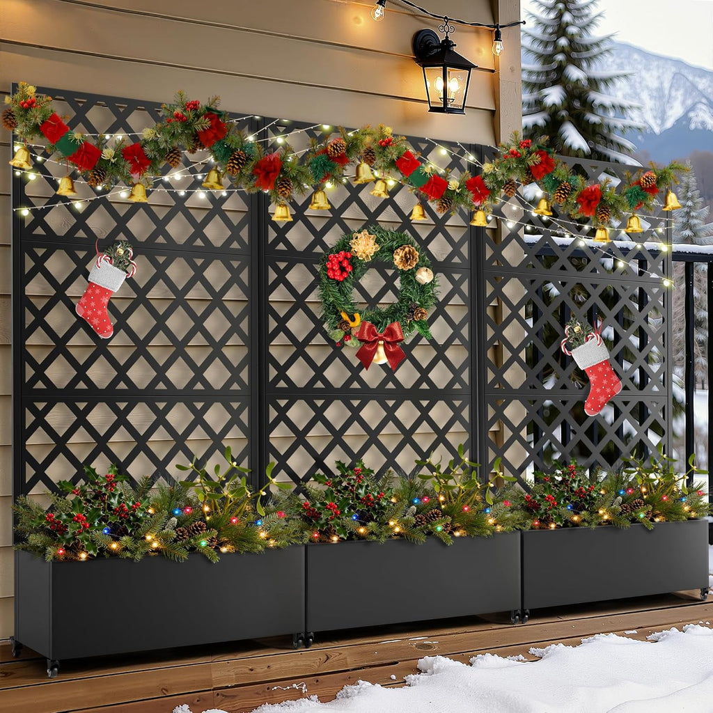 FENCY Metal Planter Box with Diamond Lattice Trellis Planter Box for Climbing Plants/Vines, Galvanized Raised Garden Bed On Wheels, Garden Bed with Trellis(73"x35" Black)