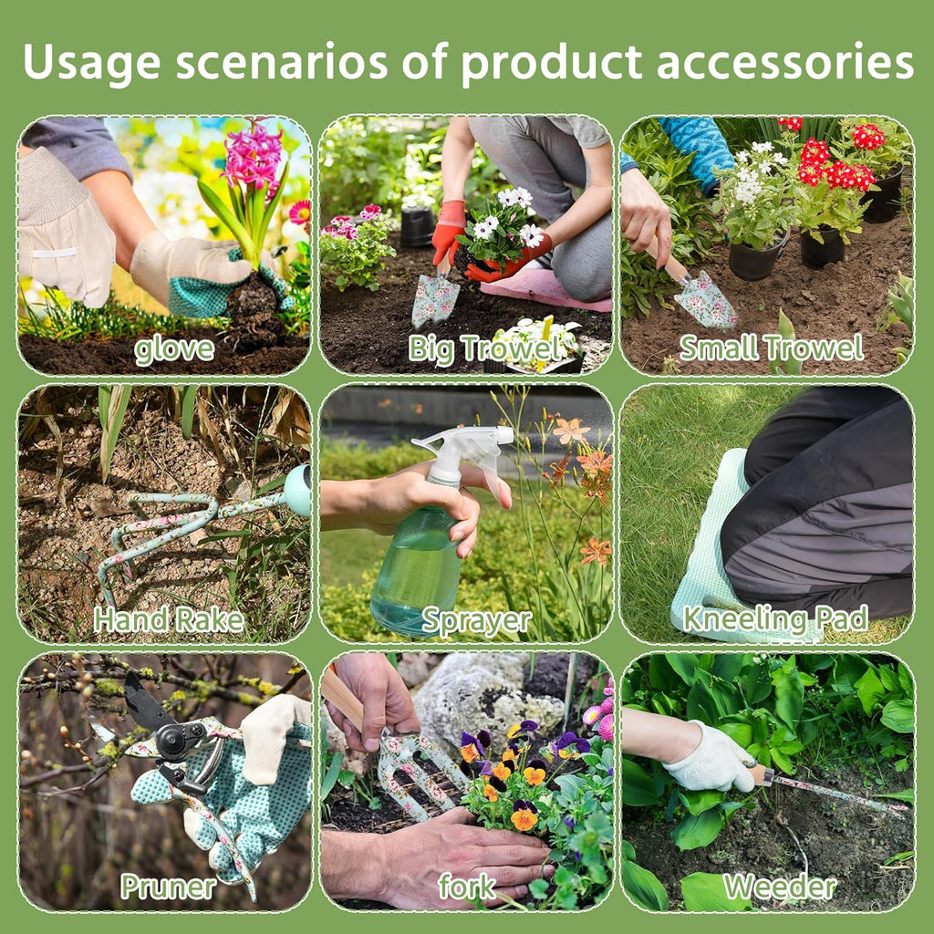 WNJ Gardening Tool Set, 10 PCS Heavy Duty Floral Pattern Garden Tools Set Kit, Complete Gardening Tool Bag Set, with Non-Slip Rubber Handle, Best Gifts for Women