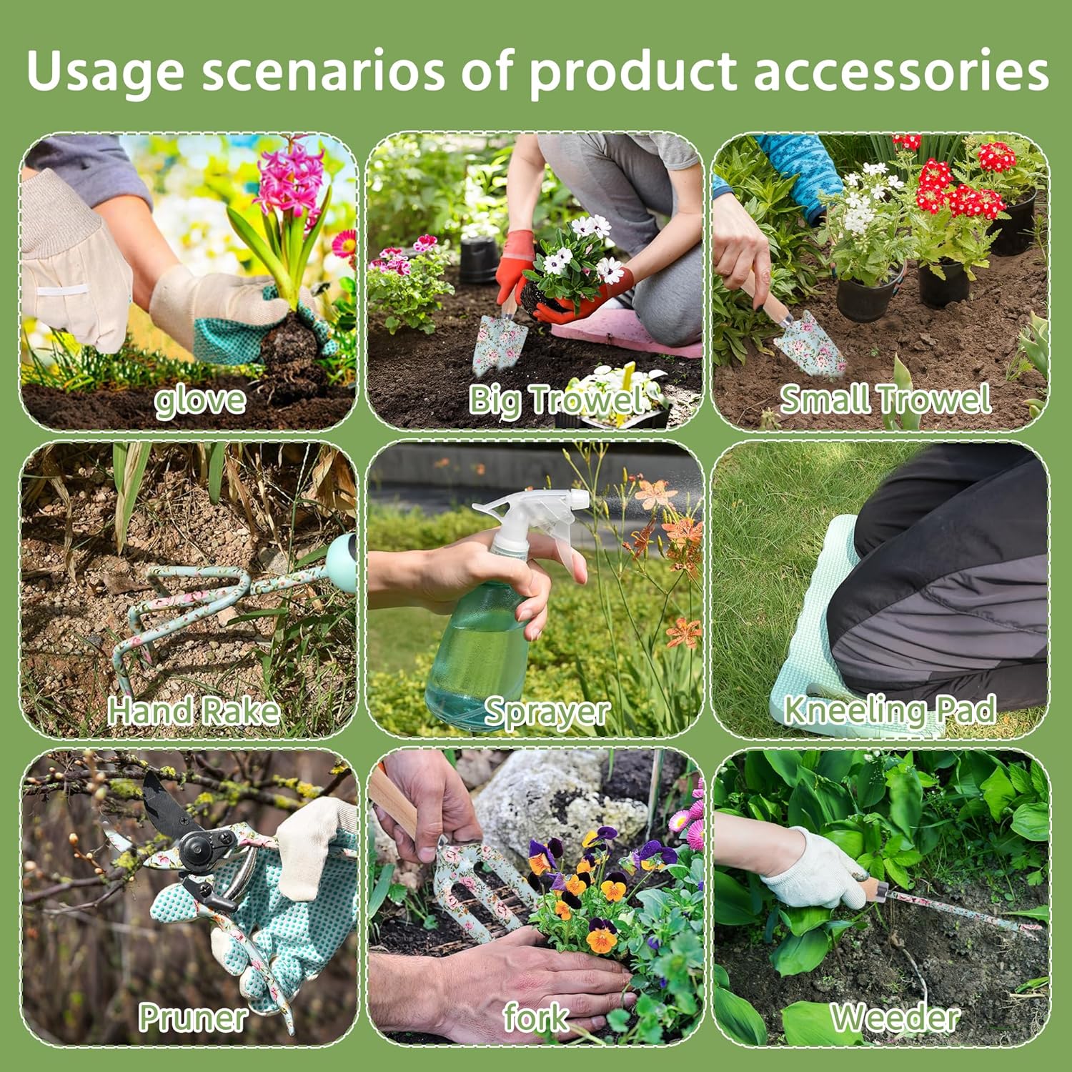 WNJ Gardening Tool Set, 10 PCS Heavy Duty Floral Pattern Garden Tools Set Kit, Complete Gardening Tool Bag Set, with Non-Slip Rubber Handle, Best Gifts for Women