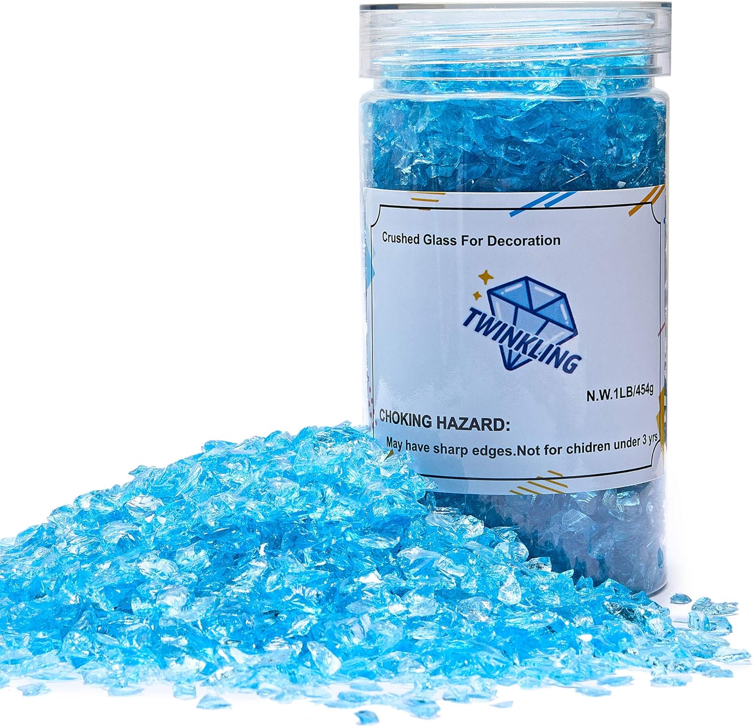 TWINKLING High Luster Fire Glass Gravel Stone Glitter,Broken Glass,Fire Gems Chips,Crushed Glass for Fire Pit Crafts Resin Art Aquarium Garden Decoration,3-6mm,1-Pound Jar (Ocean Blue)