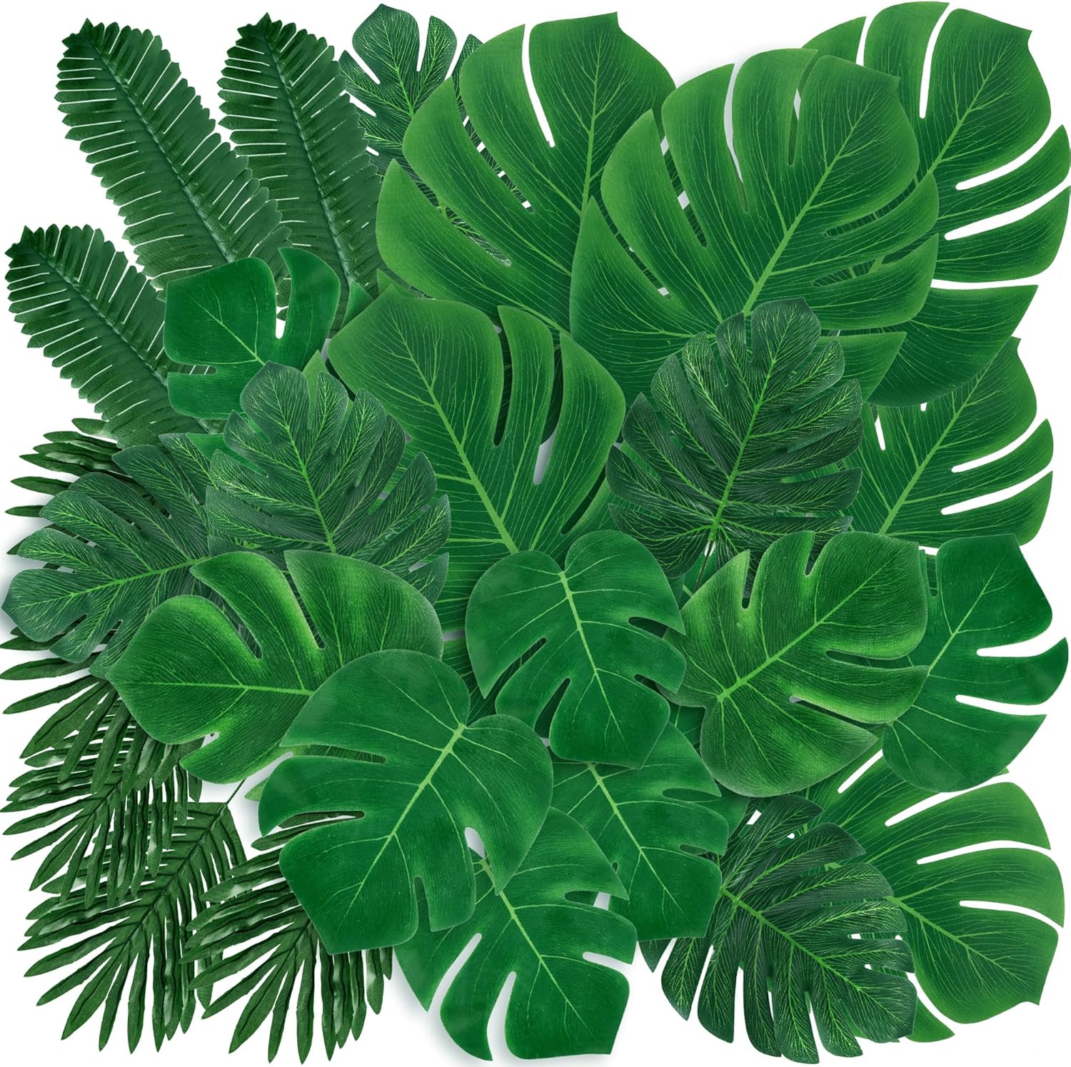 Sggvecsy 48 Pieces 6 Kinds Artificial Tropical Palm Leaves Tropical Leaves Monstera Leaves Safari Jungle Leaf with Stems for Hawaiian Luau Party Beach Table Wedding Shower Birthday Theme Decorations