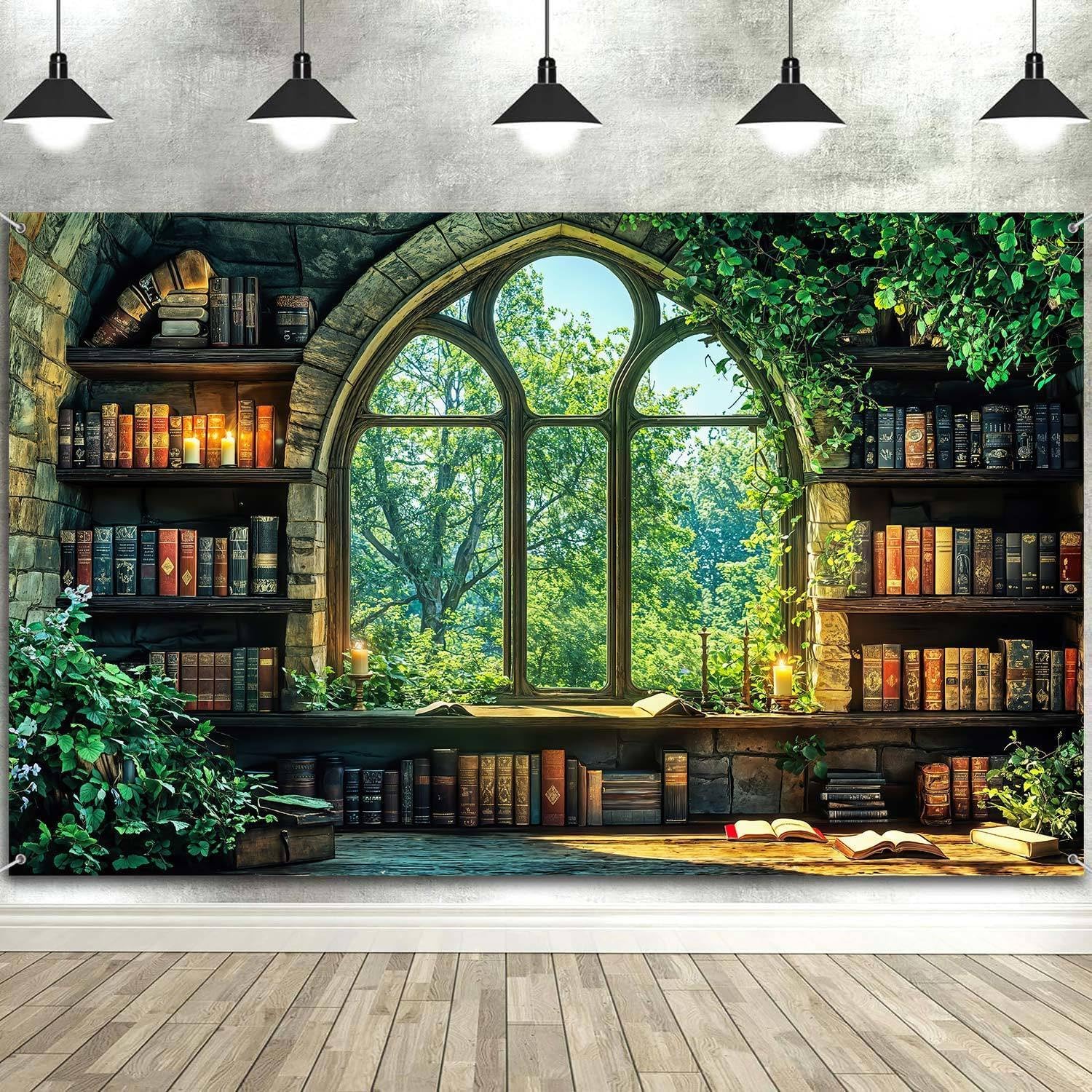 8X6ft Vintage Forest Bookshelf Backdrop Retro Green Forest Library Window Photography Background Photo Studio Props for The World Book Day Birthday Party Decor