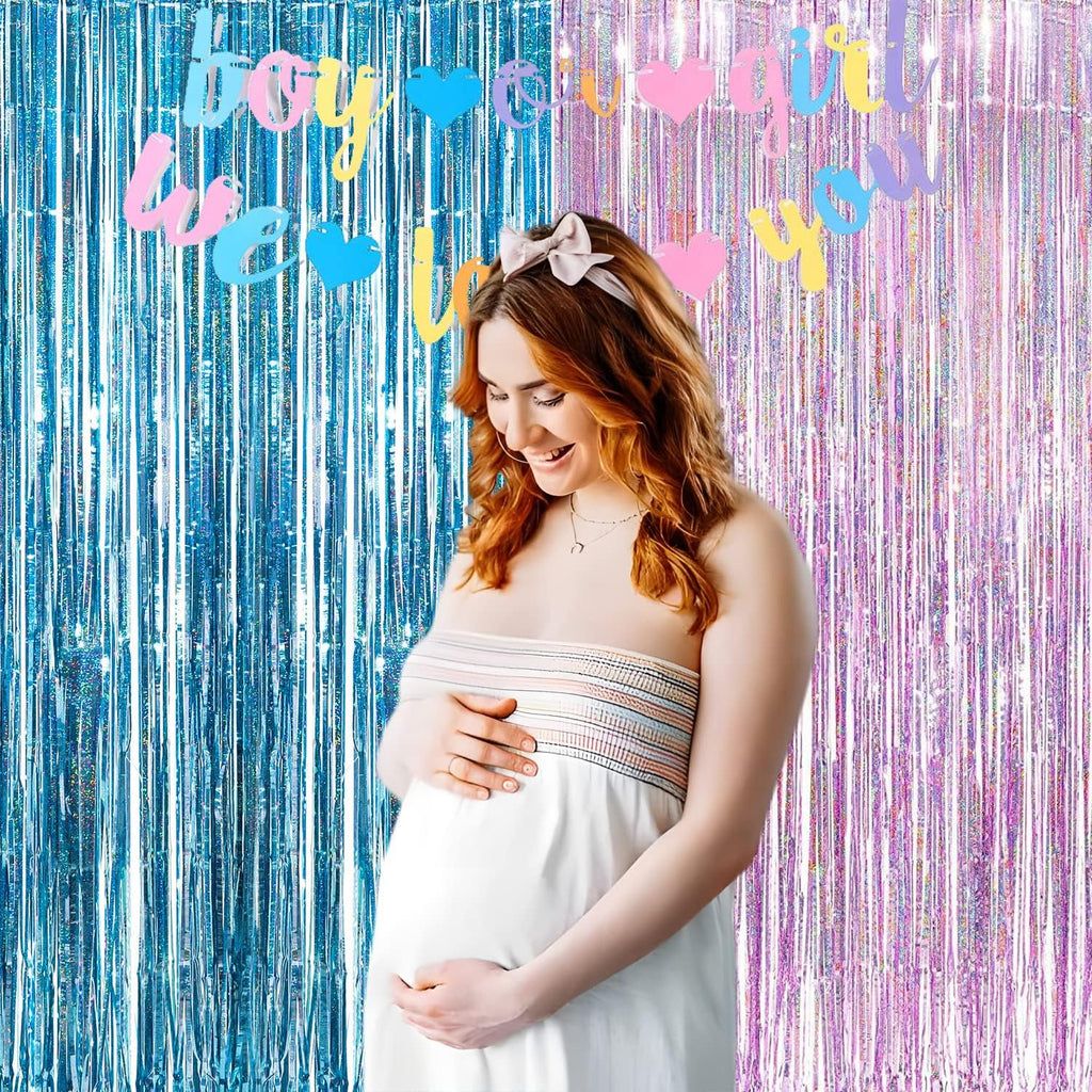 BRAVESHINE Pink Blue Tinsel Foil Fringe Curtains - 2Pcs 3.2x8.2ft Holidays Photo Streamers Backdrop for Christmas/Mermaid/Princess/Easter/Girl or Boy Birthdays/Bridal Shower Party Supplies Decorations