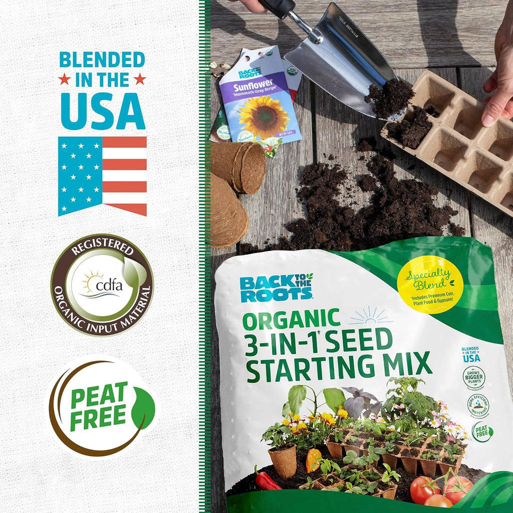 Back to The Roots 3-in-1 Seed Starting Mix 6 Quarts, 100% Organic & USA Made for Herbs, Veggies, Flowers, w/Nutrient Rich Plant Food, Worm-Castings, & Moisture Controlling Yucca Brown