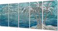 BATRENDY ARTS Blue Metal Tree Wall Art Silver Coconut Palm by the Sea Hand-polished Tropical Artwork Accent Contemporary Bedroom Decor Hangings