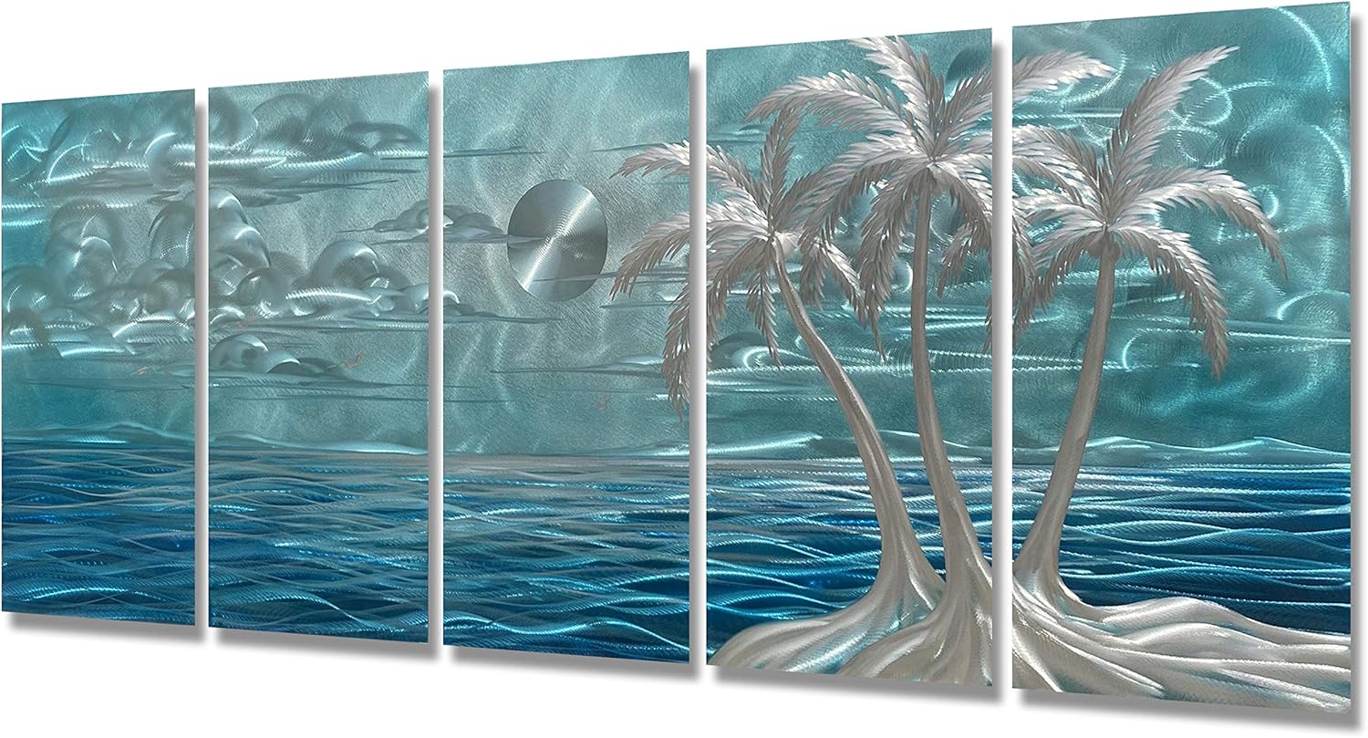 BATRENDY ARTS Blue Metal Tree Wall Art Silver Coconut Palm by the Sea Hand-polished Tropical Artwork Accent Contemporary Bedroom Decor Hangings