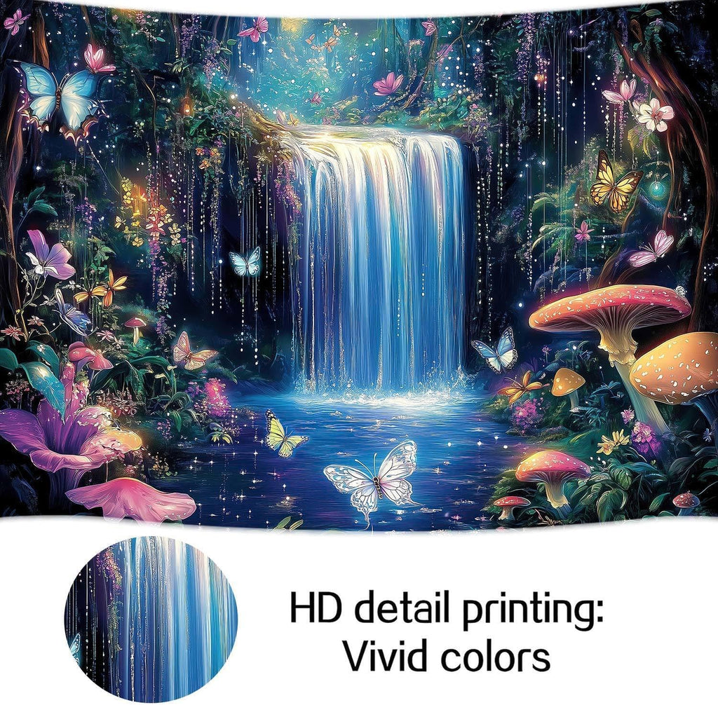 10X8ft Enchanted Forest Photography Backdrop Fantasy Wonderland with Waterfall Mushroom Floral Butterfly Magic Landscape Photo Booth Props for Party Decorations Studio Shoots