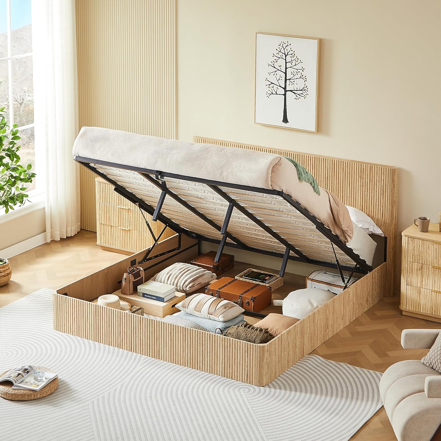 KEIKI King Size Wood Platform Bed Bedframe with Lift Up Hydraulic Storage,Corrugated Curved Lines Design for Bedroom