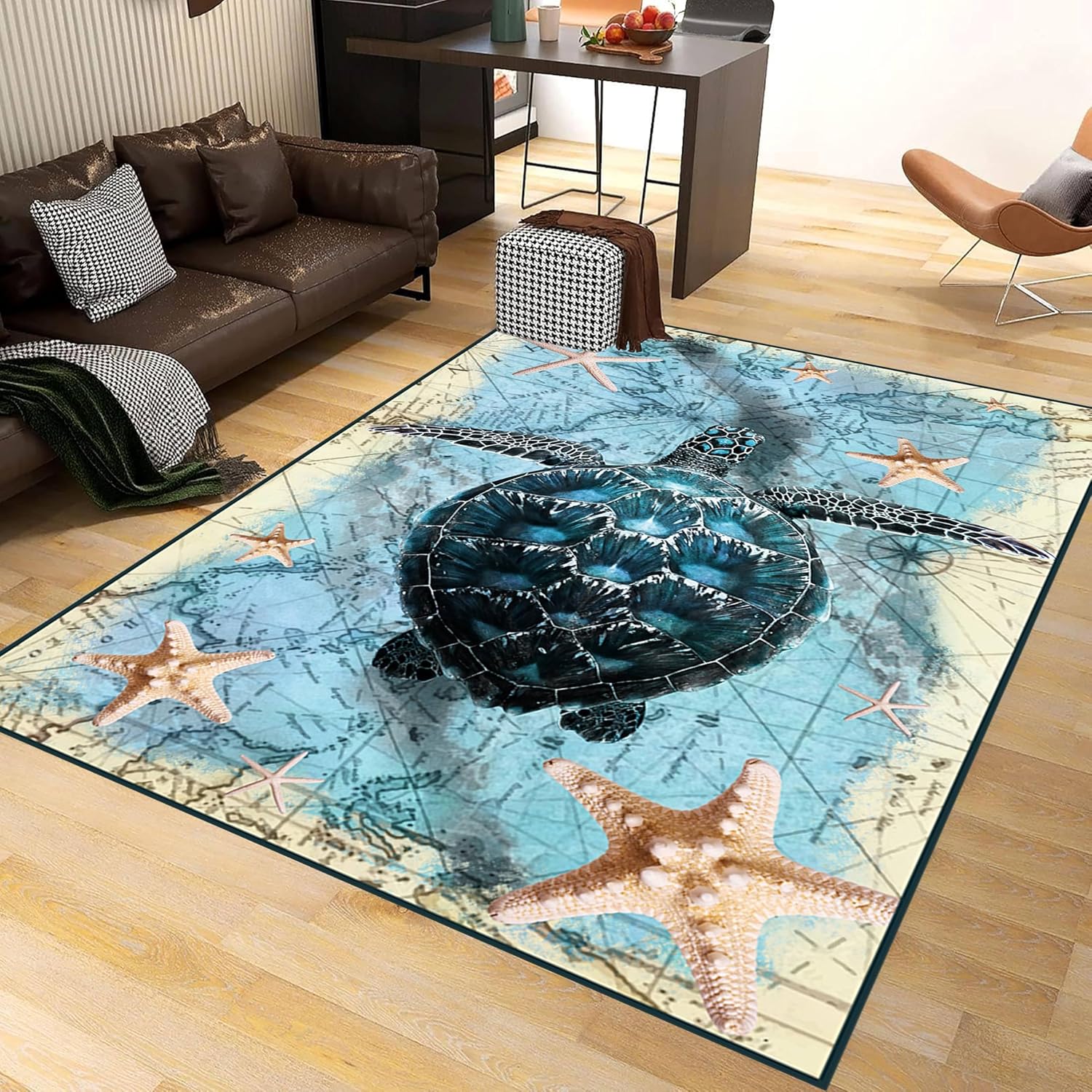 Nautical World Map Area Rug, 4x6ft, Coastal Sea Turtle Starfish Children's Rugs, Blue Ocean Themed Washable Dirty Resistant Mat, Soft Cozy Thin Easy Clean Mat for Floor Living Room