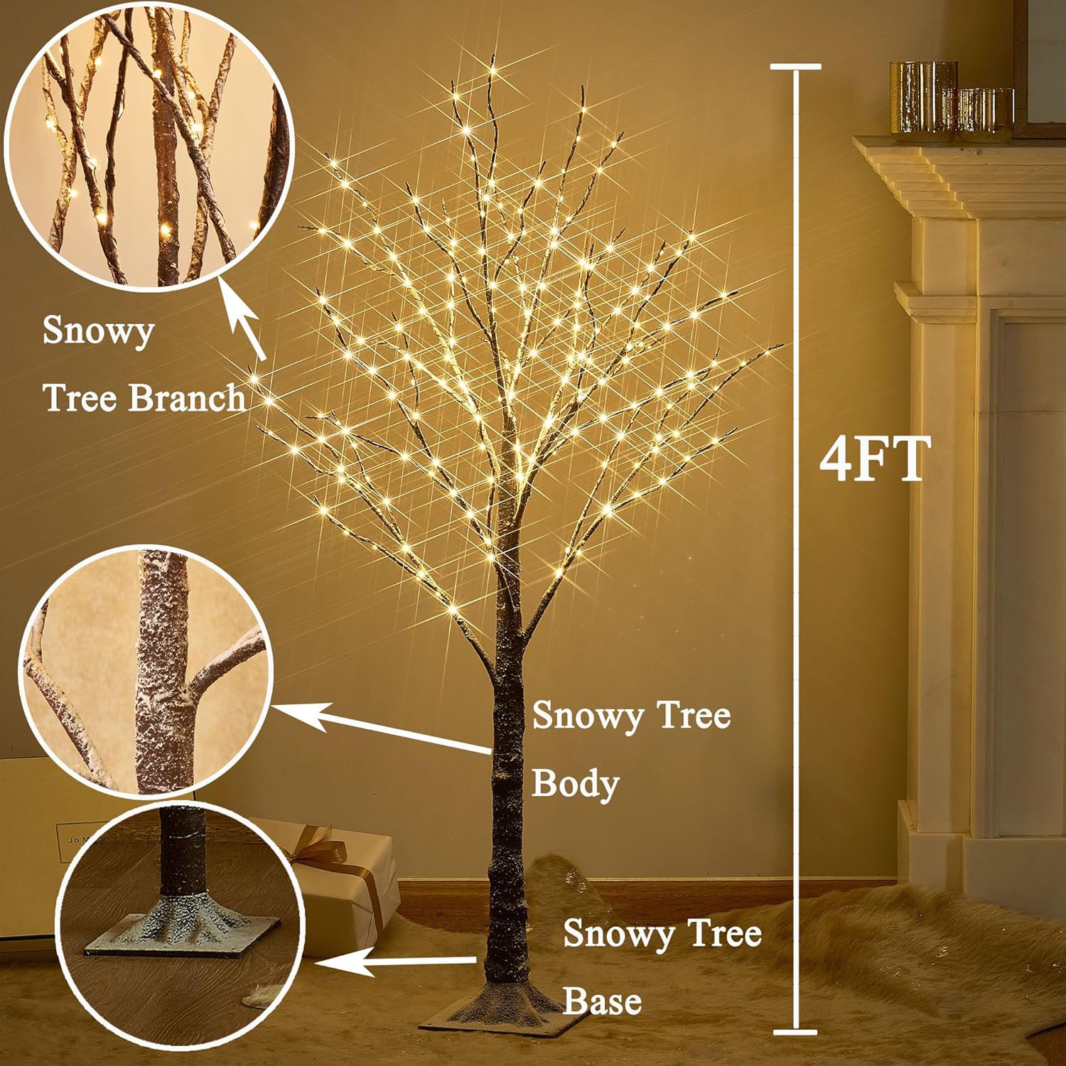 Hairui Lighted Snow Dusted Twig Tree with 200 LED Fairy Lights 4FT for Indoor Outdoor Home Thanksgiving Christmas Holiday Decoration