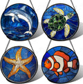 Stained Glass Window Hanging 4 Pcs Set Blue Ocean Turtle Dolphin Large 15" - Marine Life Suncatcher Garden Sun Catcher Decor Birthday Mother's Day for Mom Woman Nana Men