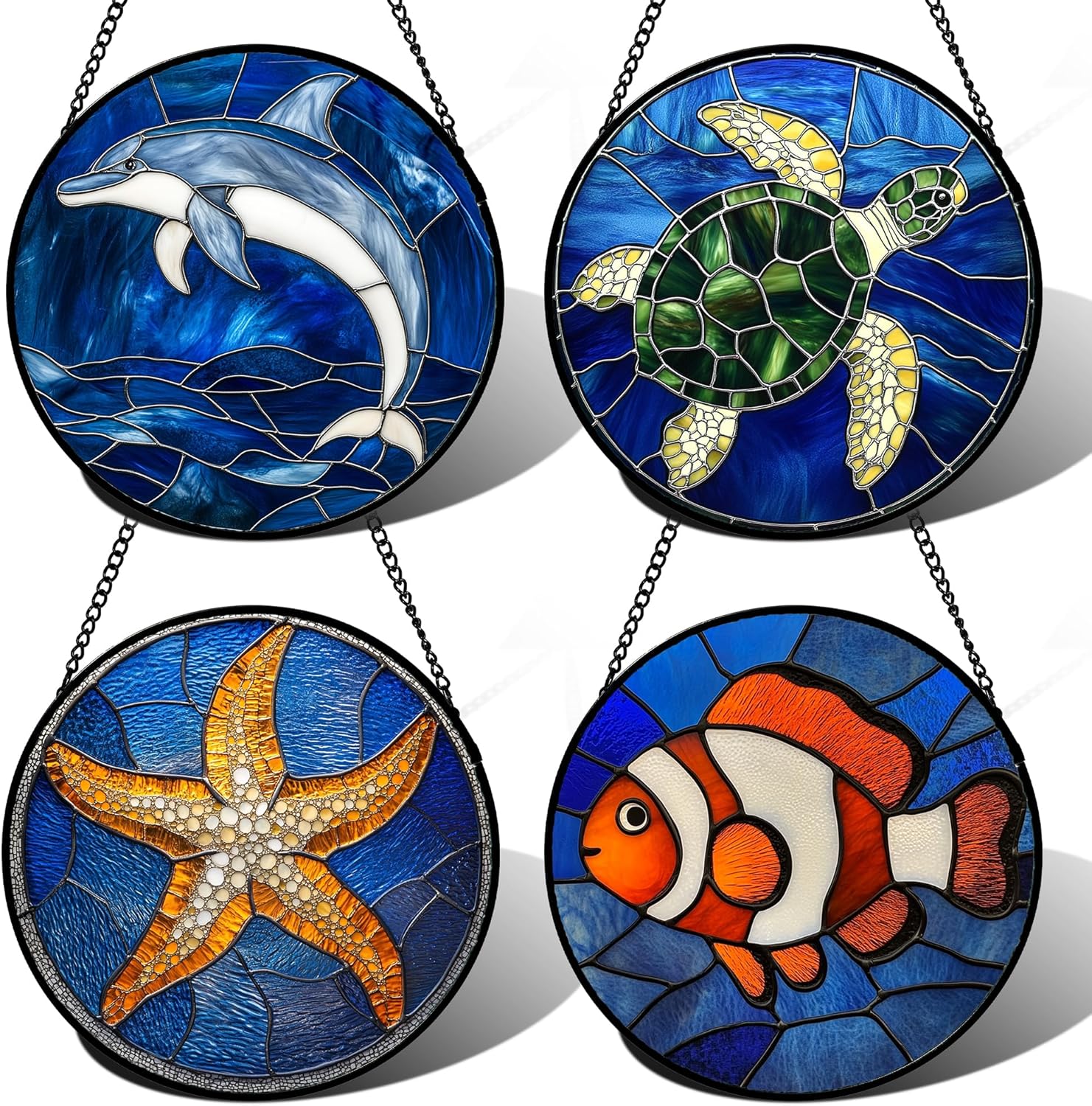 Stained Glass Window Hanging 4 Pcs Set Blue Ocean Turtle Dolphin Large 15" - Marine Life Suncatcher Garden Sun Catcher Decor Birthday Mother's Day for Mom Woman Nana Men