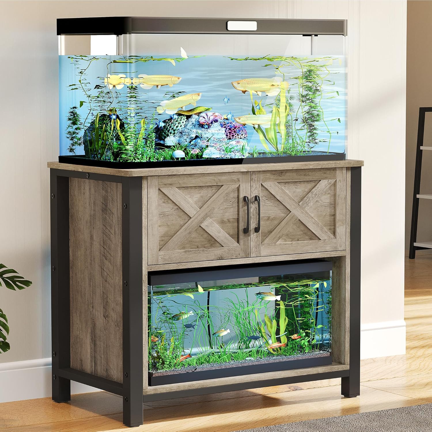 YITAHOME Heavy Duty 40-50 Gallon Aquarium Stand with Power Outlets, Cabinet for Fish Tank Accessories Storage - Metal Fish Tank Stand Suitable for Fish, Turtle, 660LBS Capacity, Wash Grey