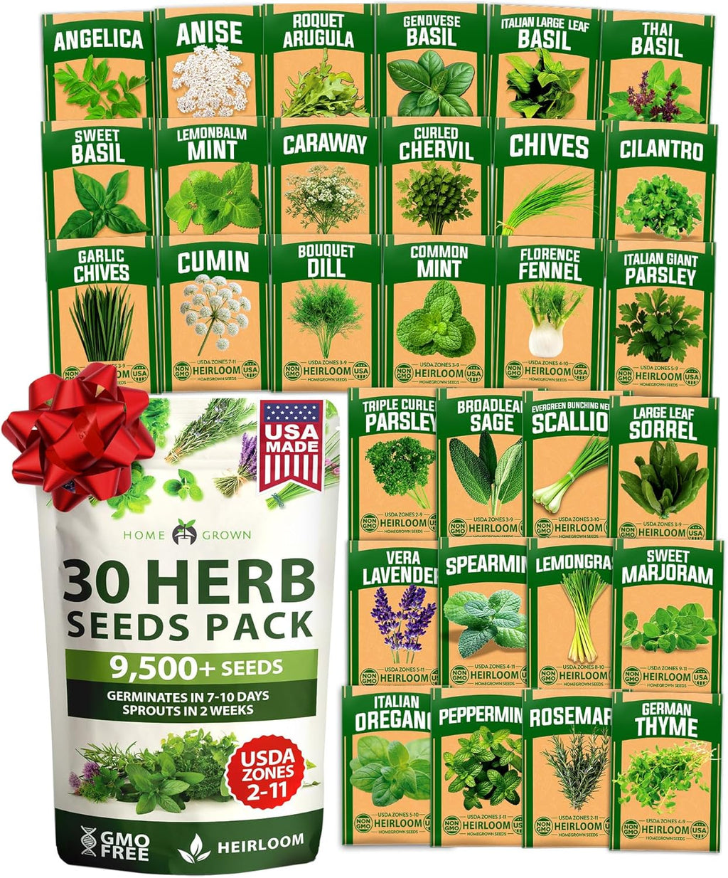HOME GROWN 30 Herb Seeds for Planting 9,500+ Non-GMO Heirloom Seeds | Extra Large Variety Pack Herb Kit – Indoor Outdoor & Hydroponic | Culinary Seed Set | Grow Your Own Herbs | Gardening Gift