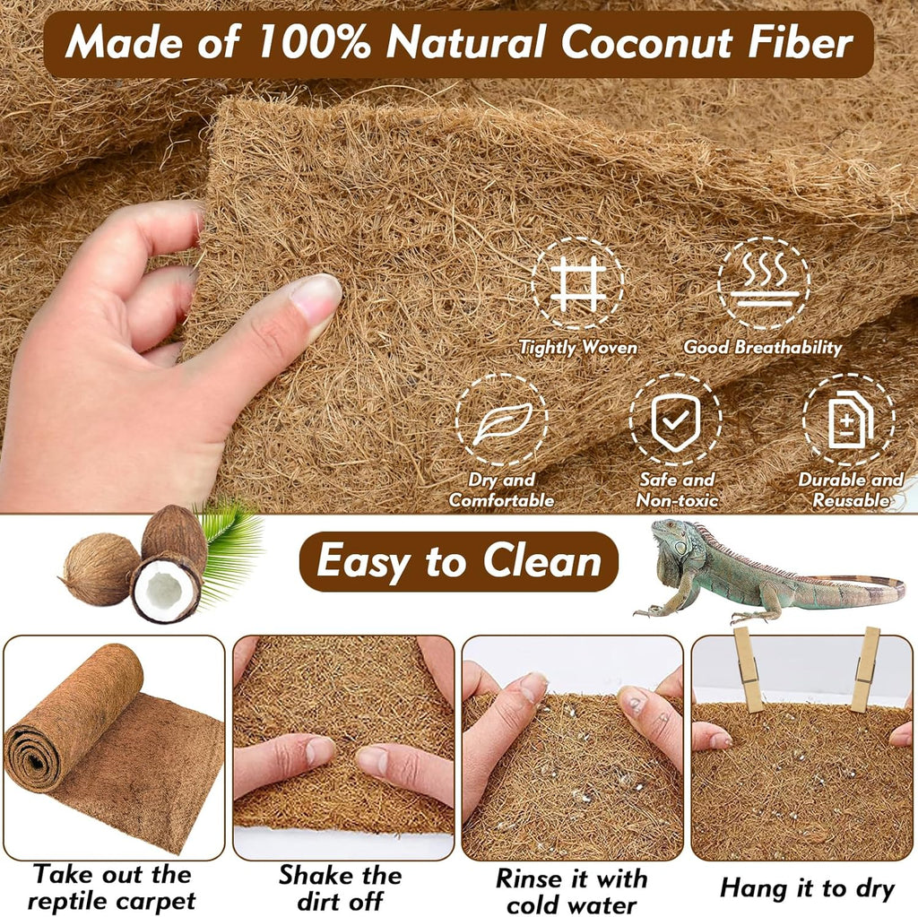 ZeeDix 10 Pcs Reptile Mat, 8X8 inch Natural Coconut Fiber Liner Mat Flooring Accessories for Reptile Tank - Bearded Dragon Tortoise Lizard Turtle Snake Leopard Gecko Substrate Bedding