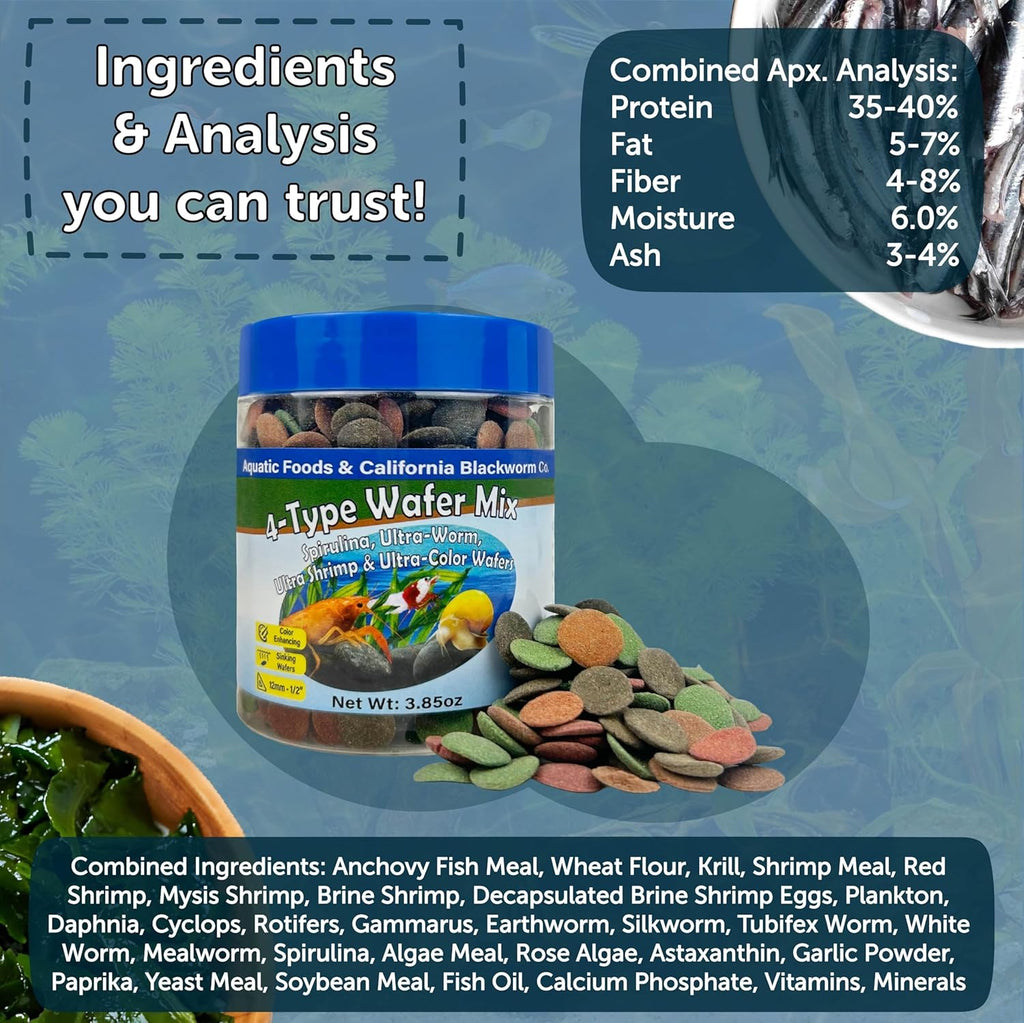 Aquatic Foods Inc. 4-Type 12mm - 1/2" Sinking Wafer Mix of Spirulina-Algae, Ultra-Worm, Shrimp, Color Enhancing for Shrimp, Snails, Crayfish, Bottom Fish, 12-Type Pellets Included...1-lb 6oz Canister