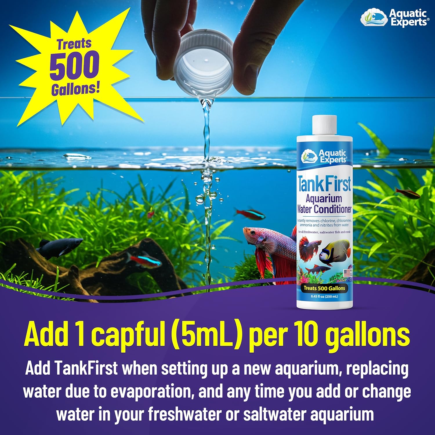 TankFirst Complete Aquarium Water Conditioner - Fish Water Conditioner, Instantly Removes Chlorine, Chloramines, and detoxifies Ammonia from Fish Tank (TankFirst Regular, 250 ml)
