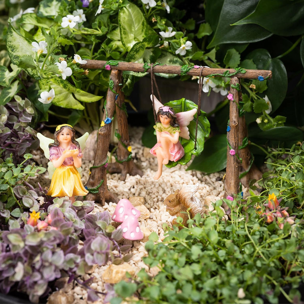PRETMANNS Fairy Garden Accessories Starter Kit with Figurines, Swing Set, Squirrel & 2 Mushrooms – Ideal for Indoor Outdoor Miniature Garden – 6 Hand-Painted Resin Items