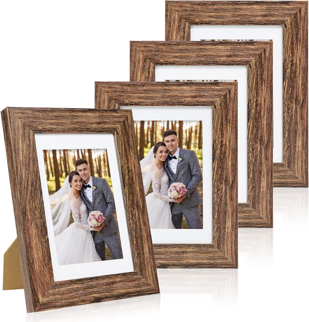 5x7 Picture Frame Set of 4, Made of Real Glass and Rustic Brown Wooden Frame, 5 by 7 Photo for Wall or Tabletop - Display Picture 4x6 with Mat or 5x7 Without Mat
