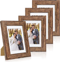 5x7 Picture Frame Set of 4, Made of Real Glass and Rustic Brown Wooden Frame, 5 by 7 Photo for Wall or Tabletop - Display Picture 4x6 with Mat or 5x7 Without Mat