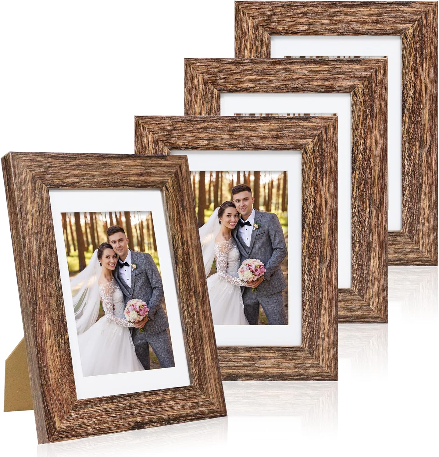 5x7 Picture Frame Set of 4, Made of Real Glass and Rustic Brown Wooden Frame, 5 by 7 Photo for Wall or Tabletop - Display Picture 4x6 with Mat or 5x7 Without Mat