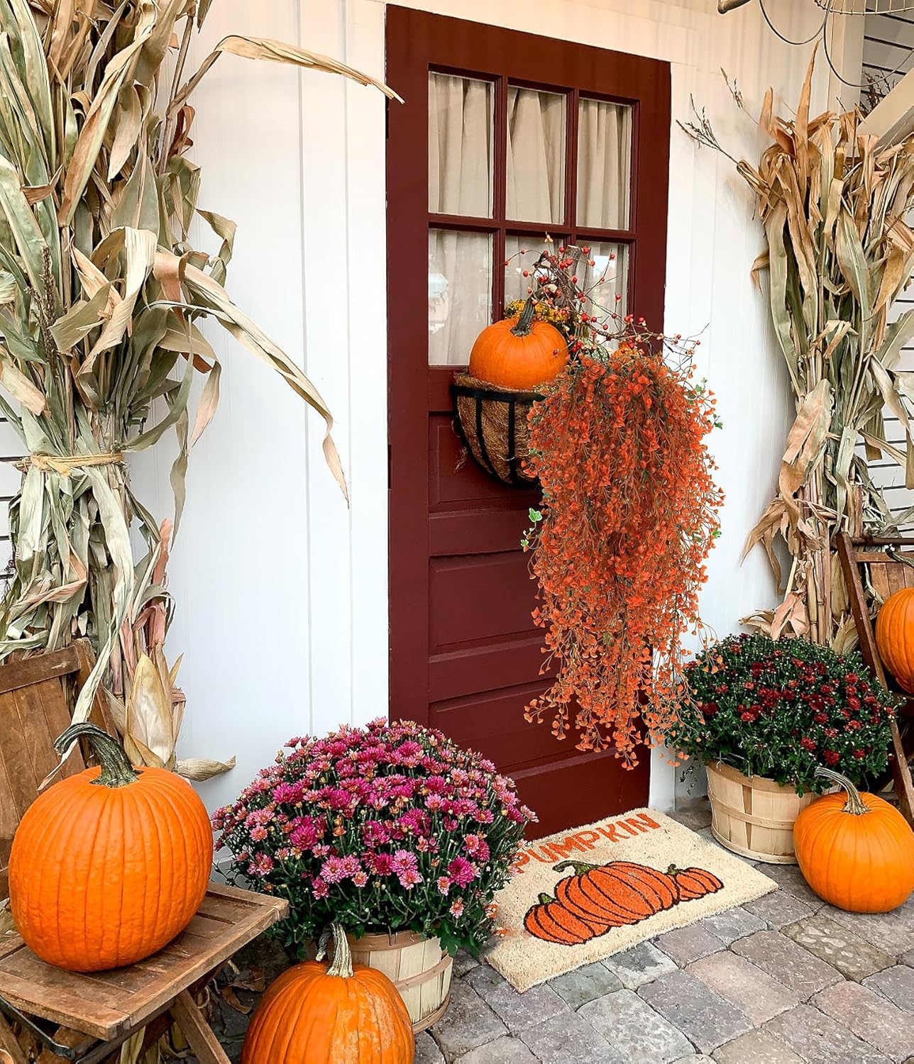 RECUTMS 4 Pcs Artificial Hanging Plants Fall Decor Faux Hanging Plants Artificial Plants UV Resistant Fake for Indoor Outdoors Fake Plants for Patio Garden Party Wedding Decor (Green Orange)