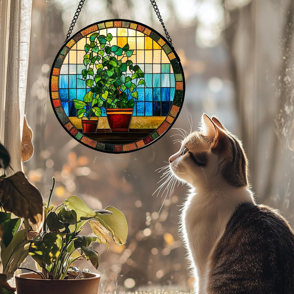 Stained Glass Window Hanging Green Potted Plants Large 15" - Suncatcher Door Garden Sun Catcher Retro Home Decor Birthday Christmas for Mom Men Woman Nana Friend