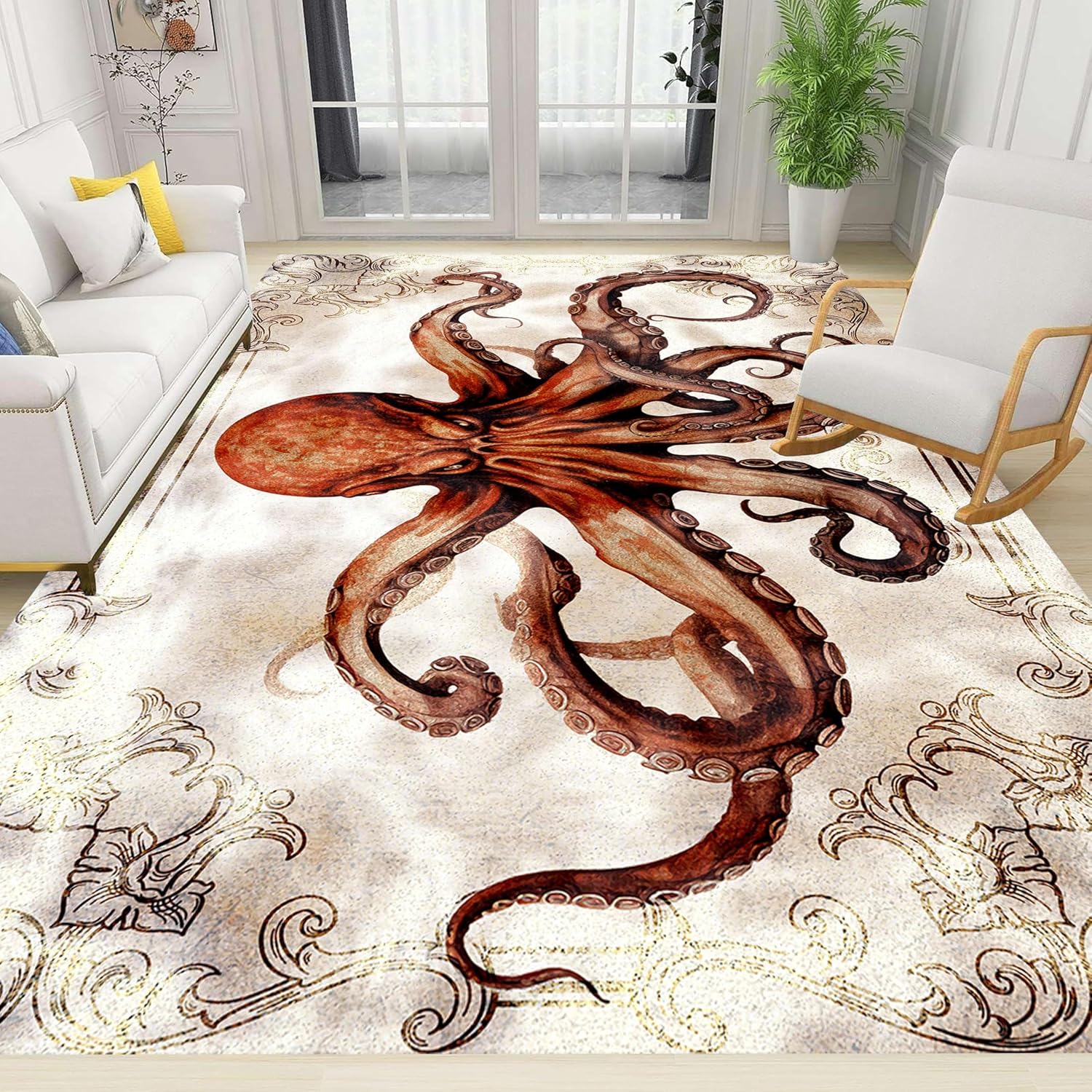 Octopus Area Rugs, 5x8ft, Vintage Ocean Octopus Print Indoor Throw Rug, Fade Resistant Durable No Crease Carpet, Rubber Backed Anti-Slip Printed Carpets for Bedside Dining Table