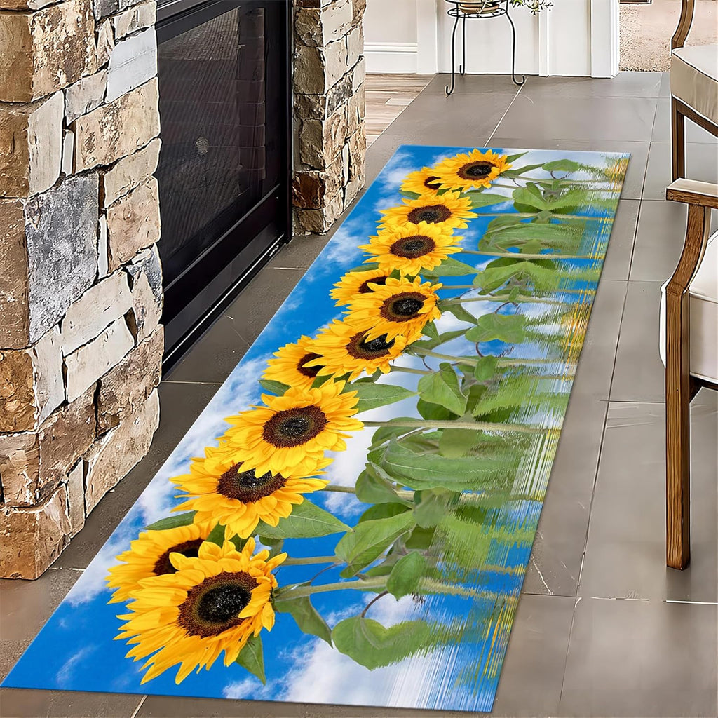 Sunflower Runner Rug, 2x10ft, Rustic Farm Floral Kitchen Mat, Soft Machine Washable Rubber Backed Absorbent Floor Decor Reduce Noise Anti-Slip Carpet for Entryway Study Room Dorm Office