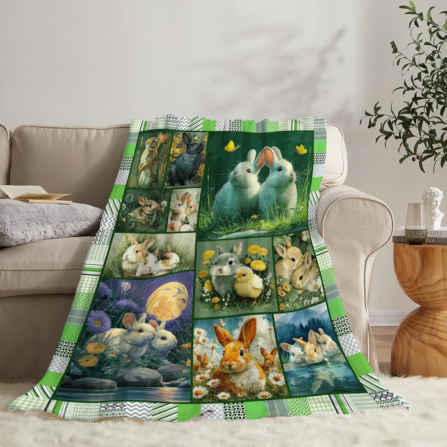 Bunny Throw Blanket Rabbit Bunny Stuff Gifts for Kids Girls Boys Adults Women Men Soft Cozy Warm Plush Fluffy Fuzzy Fleece Blanket 60''X80''