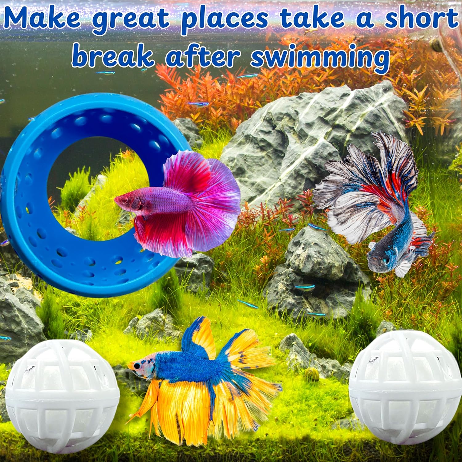 Betta Hideout Resting Spot with 2pcs Filter Ball, Aquarium Betta Tunnel And Nitrifying Balls, Hideout Tunnel Shrimp Cave Aquarium Decor, Fish Tank Decoration For Small Aquatic Shrimp Guppy (Blue)