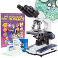 AmScope 40X-2500X LED Lab Binocular Compound Microscope with Double Layer Mechanical Stage + Book + 100 Coverslips & 50 Blank Slides