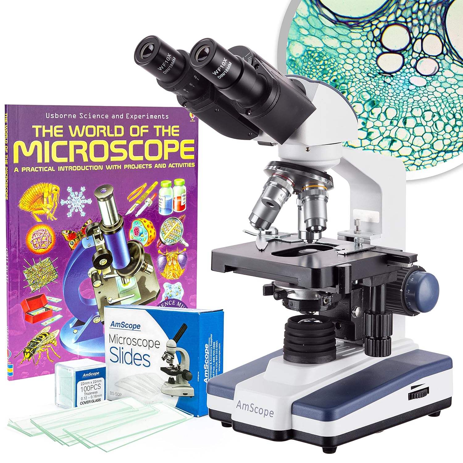 AmScope 40X-2500X LED Lab Binocular Compound Microscope with Double Layer Mechanical Stage + Book + 100 Coverslips & 50 Blank Slides