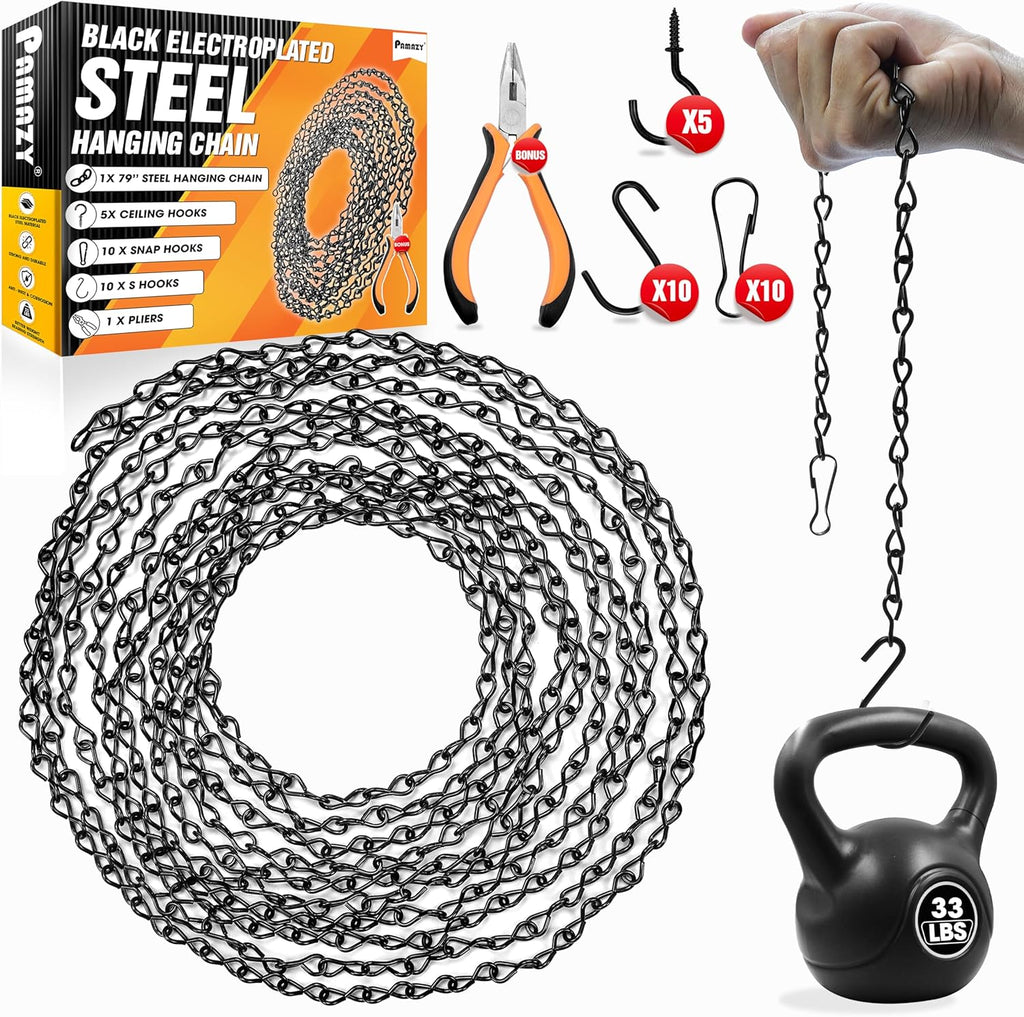 [Upgraded] 79” Black Electroplated Steel Hanging Chain with S-Hooks, Snap Hooks, Ceiling Hooks & Pliers, 33LBS Load Capacity, Adjustable Length for Hanging Bird Feeders, Planters, Lanterns, Billboards
