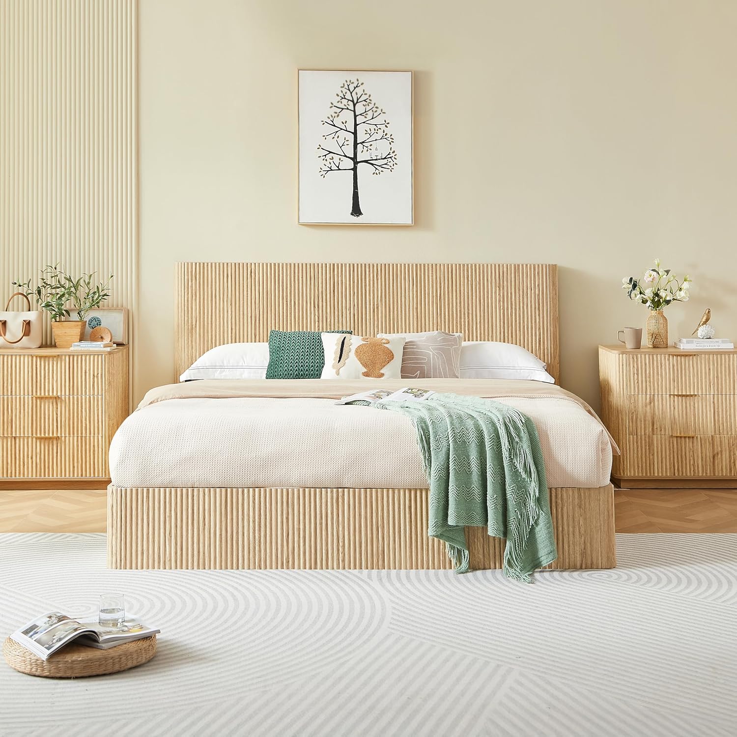 KEIKI King Size Wood Platform Bed Bedframe with Lift Up Hydraulic Storage,Corrugated Curved Lines Design for Bedroom