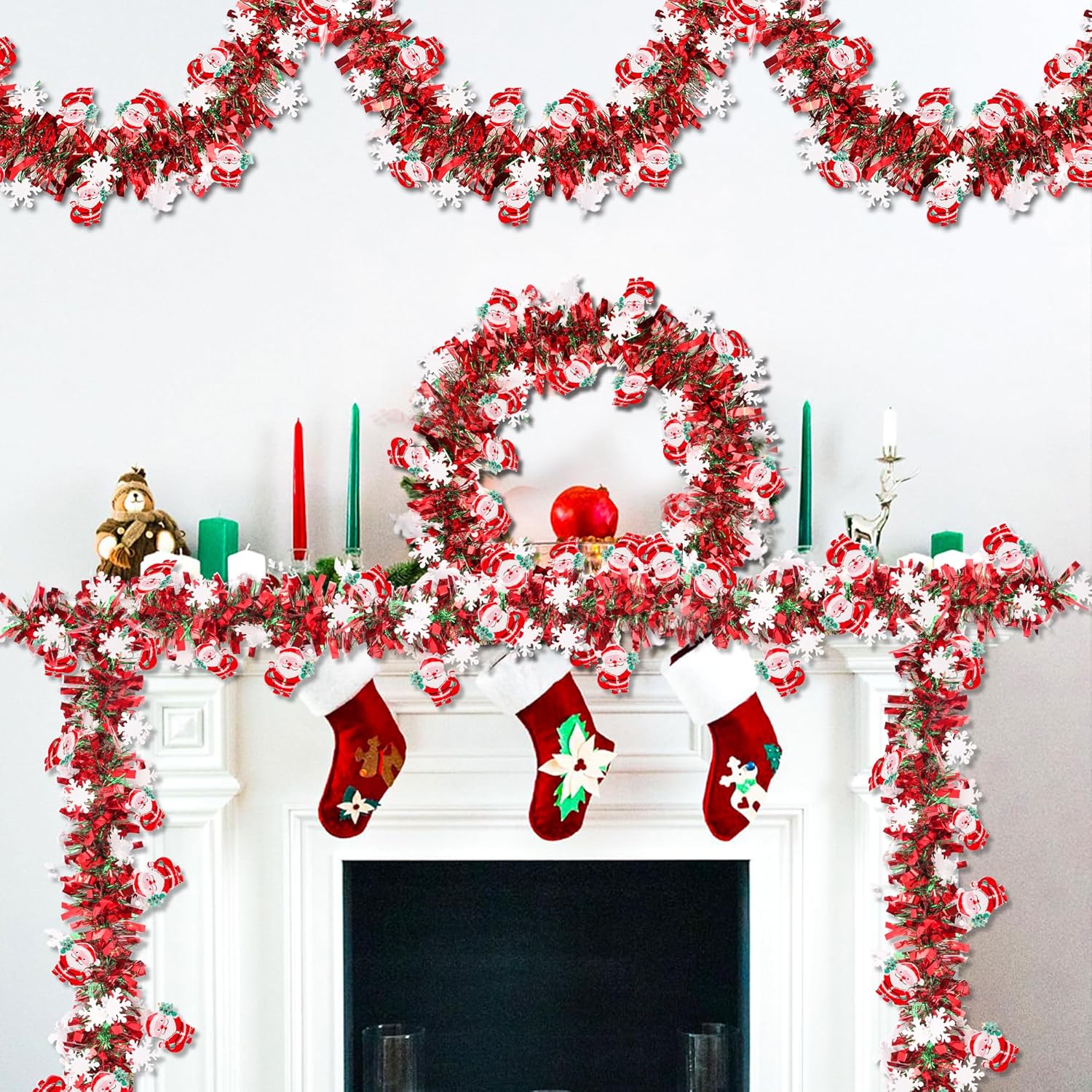 50 FT Christmas Tinsel Garland Christmas Decorations with Santa Claus & Snowflake Red Green Shiny Metallic Twist Christmas Garland for Xmas Tree Home Mantle Stairs Indoor Outdoor Holiday Party Decor