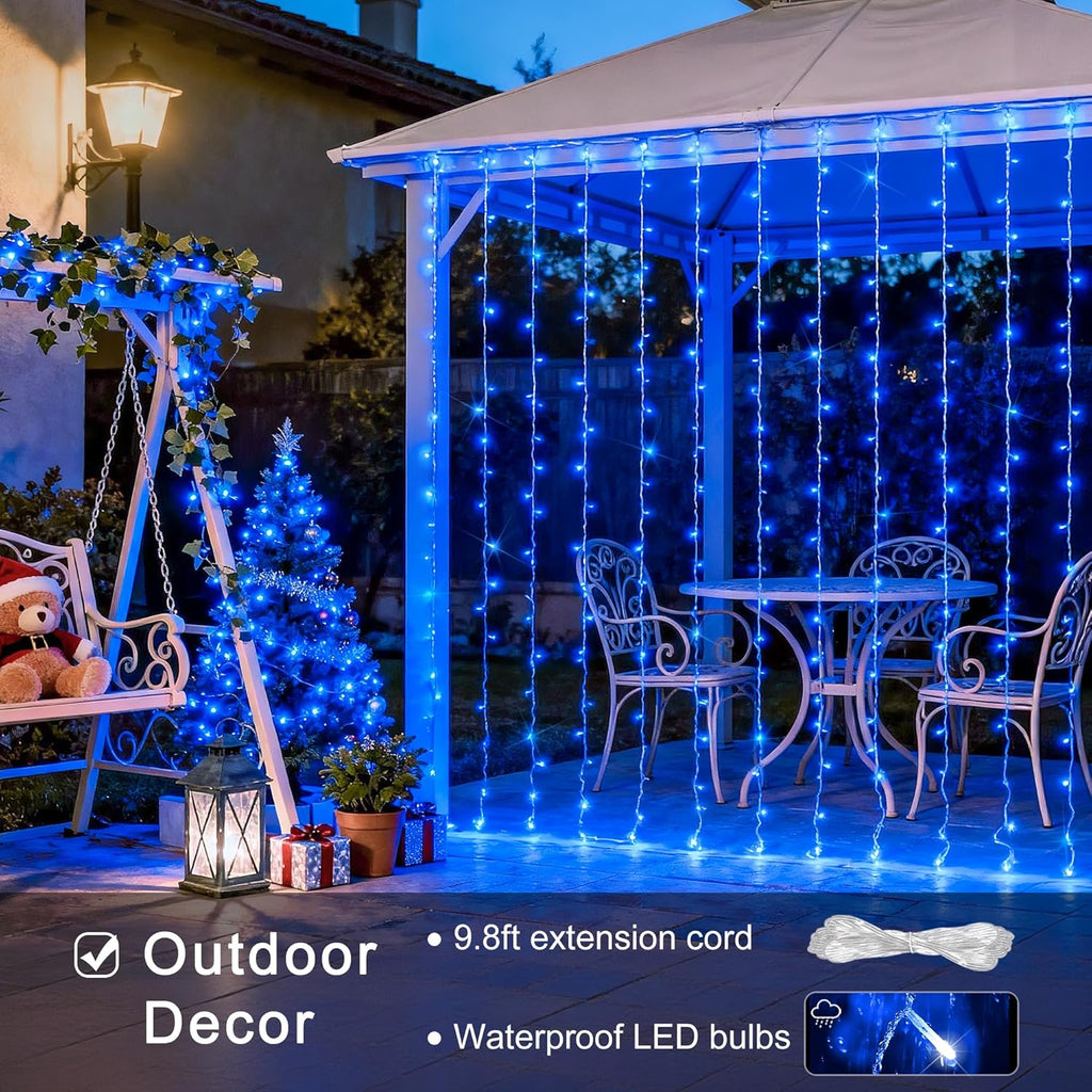 JMEXSUSS 300LED Christmas Curtain Lights, Blue Christmas Lights with Remote, Blue String Lights for Bedroom Wall Window Backdrop Garden Indoor Outdoor Patio Yard Porch Decorations, 9.8x9.8ft