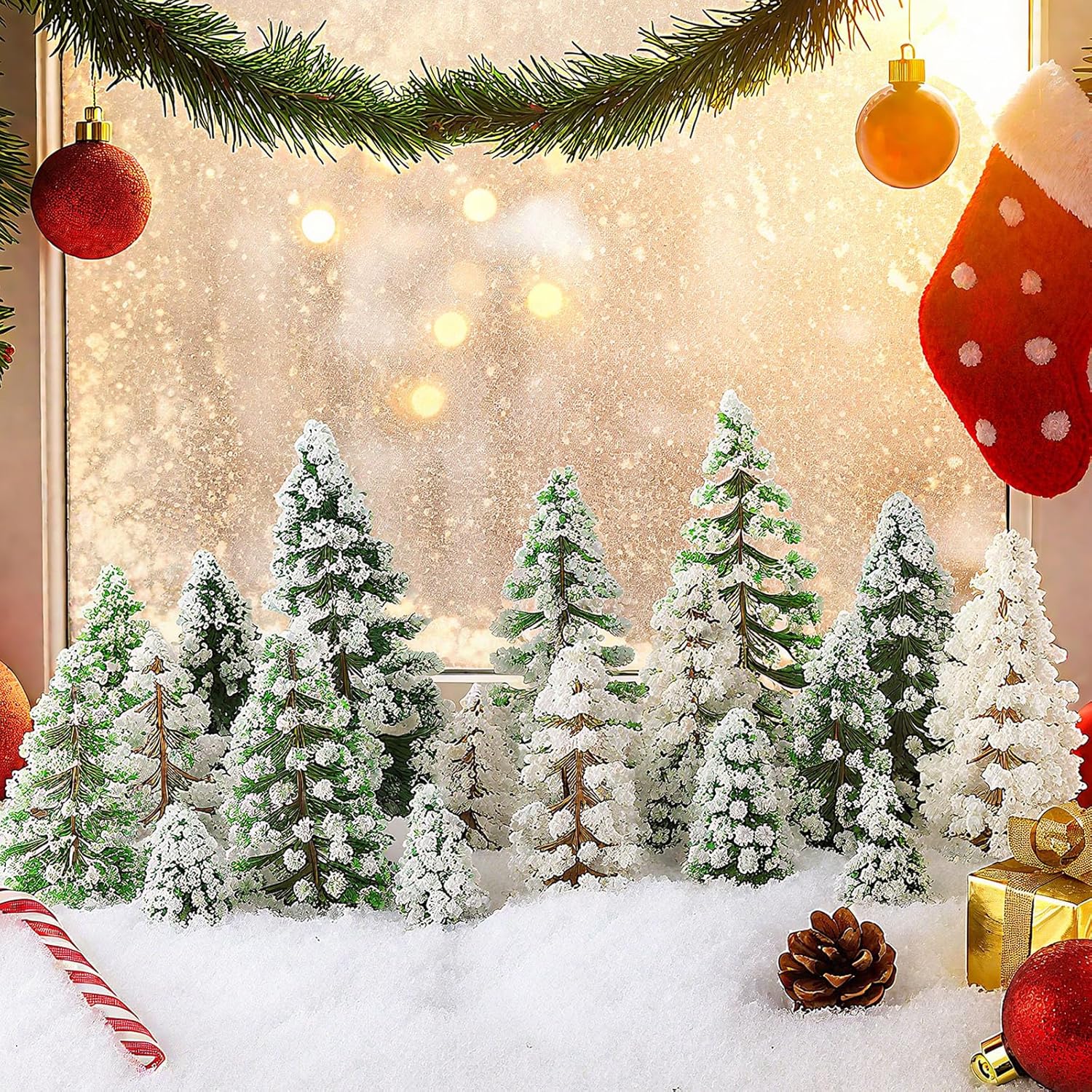 Skylety 35 Pieces Model Trees 1.2-6.3 Inch Mixed Miniature Trees Diorama Supplies Fake Plants Train Scenery Landscape Christmas Village Architecture DIY Crafts(Dark Green, Green, White,Snowy Cedar)