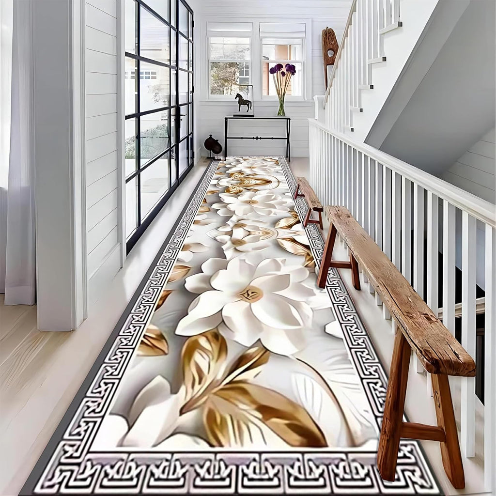 Luxury Flower Hallway Runner Rug, 2x10ft, Modern Platinum Flower Runner for Entryway, Printed Fade Resistant Accent Rug, Foldable No Crease Pet Friendly Carpet for Nursery Porch Bedroom